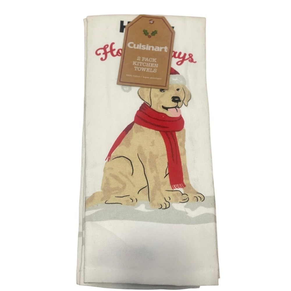 Cuisinart 2 Pack‎ Kitchen Towels Holiday Dog Santa Hat Scarf Christmas